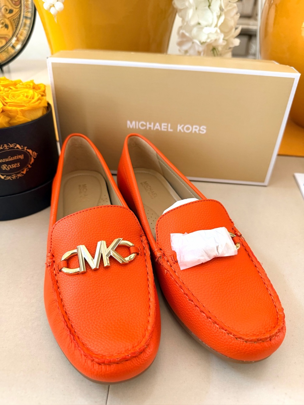 MICHAEL KORS Orange Leather MK Logo Driving Loafers